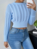 Women Cable Knit Short Pullover Sweater Long Sleeve Round Neck Sky Blue 100% Polyester Sweet Preppy Style Casual Warm Autumn Winter Knitwear Top