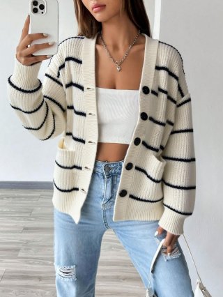 Women's Casual Striped Knit Cardigan Oversized V-Neck Long Sleeve Button Down Sweater Loose Soft Winter Outerwear Top