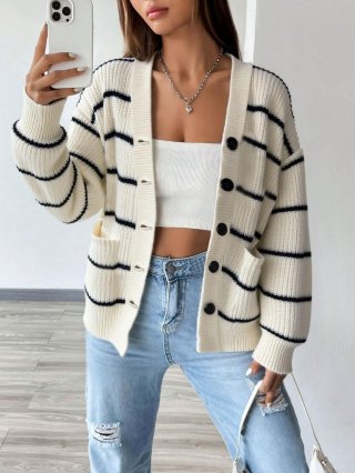 Women's Striped Knit Cardigan Loose Chunky V-Neck Contrast Color Button Sweater With Pockets Long Sleeve Casual Tops 100% Polyester