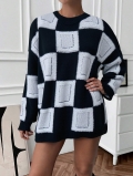 Women's Fashion Checkerboard Knit Sweater 100% Polyester Oversized Loose Fit Thick Warm Pullover Crew Neck Color Block Long Sleeve Streetwear Top