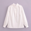 Women's Elegant Ruffle Stand Collar Blouse Lantern Long Sleeve Solid White Polyester Shirt Casual Streetwear Tops Women