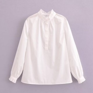 Women's Elegant Ruffle Stand Collar Blouse Lantern Long Sleeve Solid White Polyester Shirt Casual Streetwear Tops Women