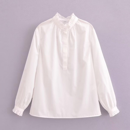 Women's Elegant Ruffle Stand Collar Blouse Lantern Long Sleeve Solid White Polyester Shirt Casual Streetwear Tops Women
