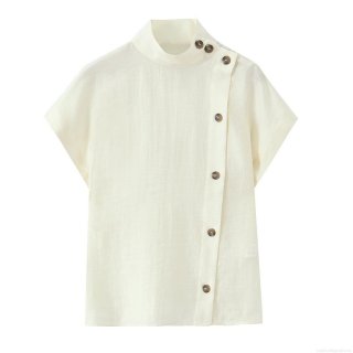 Women's Casual Cotton Linen Texture Short Sleeve Shirt Stand Collar Side Button Solid Color Western Streetwear Blouse Top