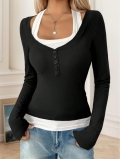 Women's Long Sleeve T-Shirt Fake Two Piece Contrast Color Henley Neck Button Slim Fit Milk Silk Patchwork Casual Soft Top For Women