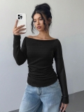 Women's Sexy Off-The-Shoulder Ribbed Knit Top Slim Fit Long Sleeve Brushed Solid Color Basic T-Shirt For Autumn Winter Casual Daily Wear