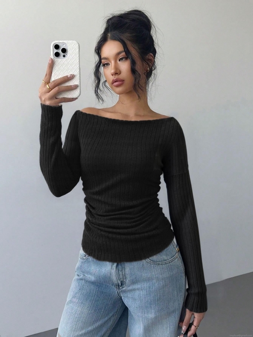 Women's Sexy Off-The-Shoulder Ribbed Knit Top Slim Fit Long Sleeve Brushed Solid Color Basic T-Shirt For Autumn Winter Casual Daily Wear