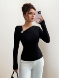 Women's Long Sleeve T-Shirt Asymmetric Neck Ruched Slim Fit Top With Gold Metal Buckle Design Elegant Polyester Elastane Base Layer For Ladies