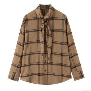 Women's European Style Plaid Long Sleeve Blouse Shirt With Bow Tie Neck Loose Fit Single Breasted Pocket Casual Streetwear Autumn Polyester Top