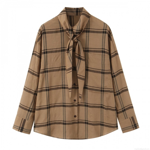 Women's European Style Plaid Long Sleeve Blouse Shirt With Bow Tie Neck Loose Fit Single Breasted Pocket Casual Streetwear Autumn Polyester Top