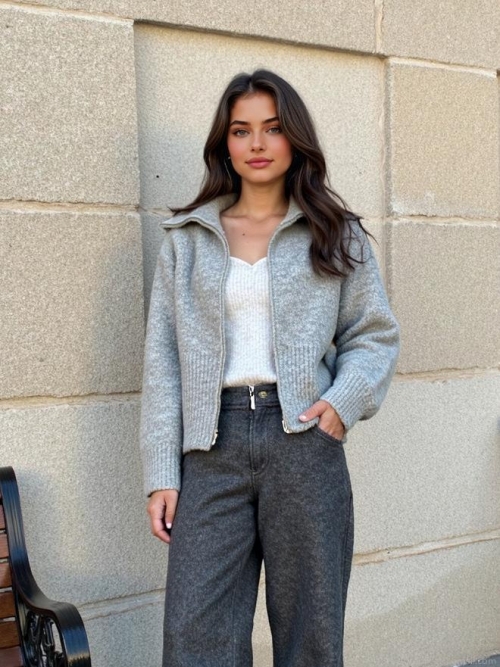 Women European Style Lapel Zipper Knit Cardigan Sweater Jacket Warm Wool Blend Solid Color Long Sleeve Outerwear For Daily Casual Fashion