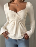 Elegant Women V-Neck Long Sleeve Ruched Top Polyester Spandex Twist Front Flared Sleeve Slim Fit T-Shirt Solid Color Casual Blouse