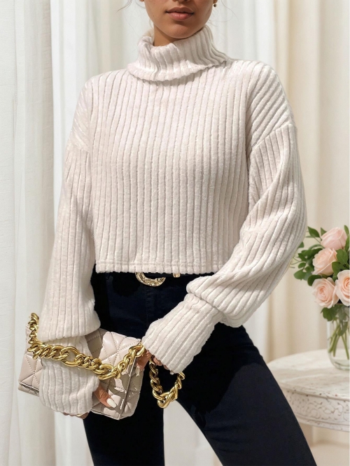 Women's Turtleneck Ribbed Knit Crop Top Long Sleeve Polyester Viscose Blend Slim Fit Pullover Sweater Autumn Winter Casual Base Layer Knitwear For Women