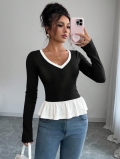 Women Sexy Contrast Color Peplum Top Long Sleeve V-Neck Ruffle Hem Slim Fit T-Shirt Soft Polyester Elastane Casual Blouse Autumn Fashion