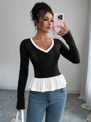 Women Sexy Contrast Color Peplum Top Long Sleeve V-Neck Ruffle Hem Slim Fit T-Shirt Soft Polyester Elastane Casual Blouse Autumn Fashion