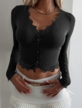 Women's Sexy Lace Trim V Neck Long Sleeve Top Rib-Knit Button Up Slim Fit T-Shirt Elegant Y2K Style Solid Color Base Layer Blouse