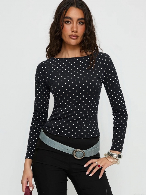 Women's Polka Dot Long Sleeve T-Shirt Backless Slim Fit Round Neck Polyester Elastane Blend Retro Casual Base Layer Top For Autumn Winter Streetwear