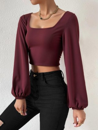 Women's Retro Wine Red Square Neck Knitted T-Shirt Slim Fit Long Lantern Sleeve Crop Top Autumn Winter Solid Color Polyester Tee Shirt for Lady Elegant Ribbed Top