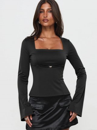 Women's Chic Square Neck Long Sleeve Top Elegant Metal Buckle Pleated Details Slim Fit Black Tee Flare Sleeve Polyester Elastane Knit Shirt For Women