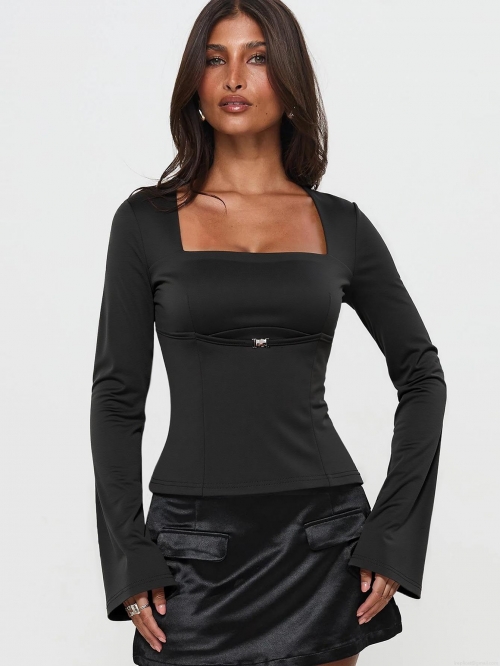 Women's Chic Square Neck Long Sleeve Top Elegant Metal Buckle Pleated Details Slim Fit Black Tee Flare Sleeve Polyester Elastane Knit Shirt For Women