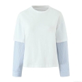 Women's Casual Fake Two-Piece T-Shirt Cotton Round Neck Long Sleeve Top Striped Patchwork Shirt Sleeve Pullover Blouse For Autumn Streetwear