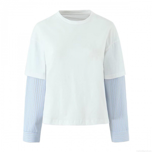 Women's Casual Fake Two-Piece T-Shirt Cotton Round Neck Long Sleeve Top Striped Patchwork Shirt Sleeve Pullover Blouse For Autumn Streetwear