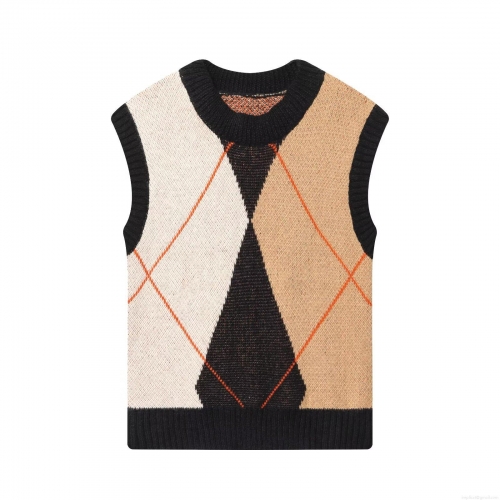 Women Retro Argyle Knit Vest Sleeveless Sweater Round Neck Pullover Preppy Style Diamond Pattern Knitwear Top For Autumn Daily Wear