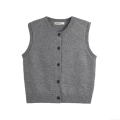 Women Round Neck Sleeveless Knitted Vest Soft Button Down Solid Color Sweater Vest Streetwear Polyester Blend Cardigan Top For Autumn Winter