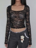 Women's Sexy See Through Lace Top Nylon Spandex Long Sleeve Slim Fit Square Neck Crop Blouse For Party Club Streetwear Y2K Fashion