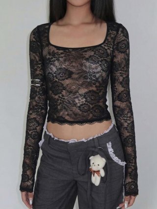Women's Sexy See Through Lace Top Nylon Spandex Long Sleeve Slim Fit Square Neck Crop Blouse For Party Club Streetwear Y2K Fashion