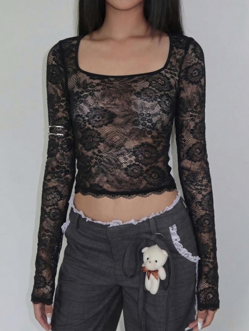 Women's Sexy See Through Lace Top Nylon Spandex Long Sleeve Slim Fit Square Neck Crop Blouse For Party Club Streetwear Y2K Fashion