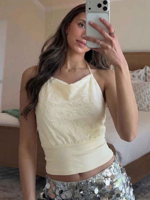 Women Halter Neck Camisole Top Sexy Lace Patchwork Backless Tie-up Waist Slim Fit Textured Polyester Spandex Tank Top For Party Streetwear