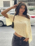 French Style Asymmetric One Shoulder Lace Top For Women Sexy Yellow Hollow Out See Through Long Sleeve Crop Blouse Irregular Hem Shawl Style Casual Party Dating Summer Vacation Apparel