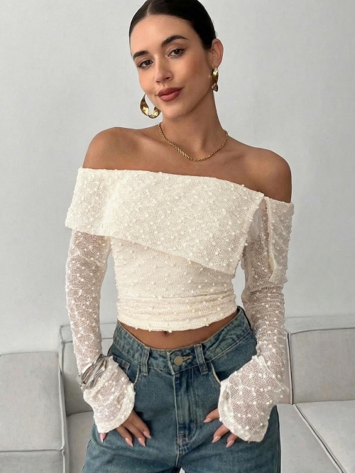 French Style Off Shoulder Flared Sleeve T-Shirt Women 3D Dotted Texture Slim Fit Cropped Top Sexy Long Sleeve Shirt For Dating Party 95% Polyester 5% Spandex