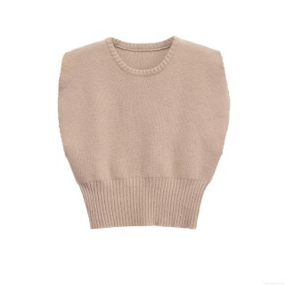 Women's Loose Knit Vest Khaki Sleeveless Round Neck Polyester Sweater Tank Top With Shoulder Pads For Fall Streetwear Casual Outfits