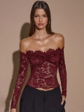 Women Sexy Off Shoulder Lace Long Sleeve Top Wine Red Floral Hollow Out Slim Fit Mesh Blouse For Party Clubwear Streetwear Lady