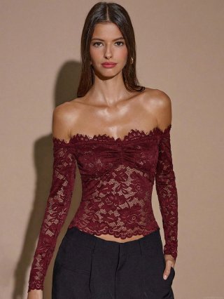 Women Sexy Off Shoulder Lace Long Sleeve Top Wine Red Floral Hollow Out Slim Fit Mesh Blouse For Party Clubwear Streetwear Lady