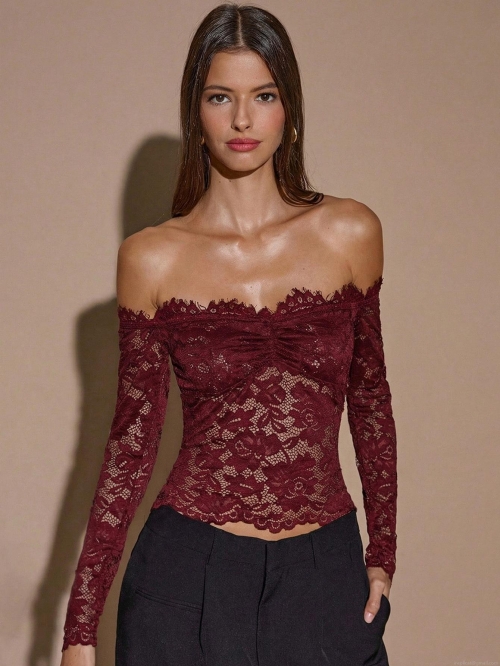 Women Sexy Off Shoulder Lace Long Sleeve Top Wine Red Floral Hollow Out Slim Fit Mesh Blouse For Party Clubwear Streetwear Lady
