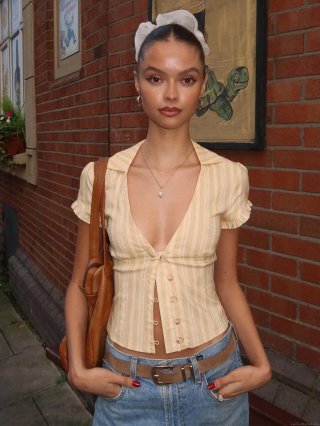 Women's French Vintage Striped T-Shirt Short Sleeve Button Up Polo V Neck Crop Top Ruffle Sleeve Polyester Spandex Slim Fit Ribbed Knit Top