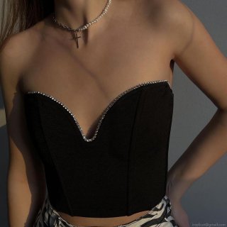 Women's Sexy V-Neck Rhinestone Bustier Top Slim Fit Backless Sleeveless Crop Top For Party Club Night Black Polyester Spandex