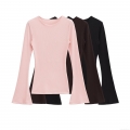 Women's Ribbed Knit T-Shirt Flare Sleeve Round Neck Slim Fit Long Sleeve Top Solid Color Polyester Spandex Tee For Spring Autumn Casual Streetwear