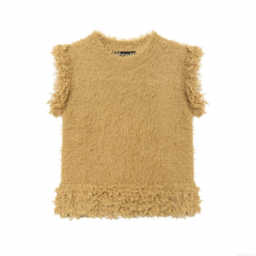 Women Mustard Yellow Faux Fur Knitted Vest Round Neck Sleeveless Fuzzy Pullover Waistcoat Casual Streetwear Autumn Winter Soft Plush Top