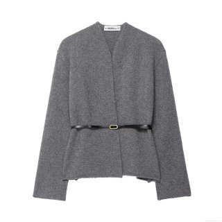 Women's Solid Gray Knitted Pullover Sweater With Black Leather Belt Long Sleeve V-Neck Western Style Casual Autumn Winter Warm Knitwear Top