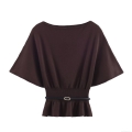 Women's Western Style Knit T-Shirt Elegant Batwing Sleeve Slim Fit Pullover Top With Belt Casual Solid Coffee Brown Peplum Blouse For Women Streetwear Fashion