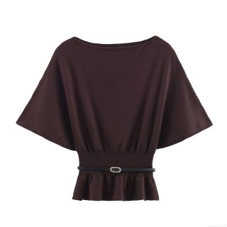 Women's Western Style Knit T-Shirt Elegant Batwing Sleeve Slim Fit Pullover Top With Belt Casual Solid Coffee Brown Peplum Blouse For Women Streetwear Fashion