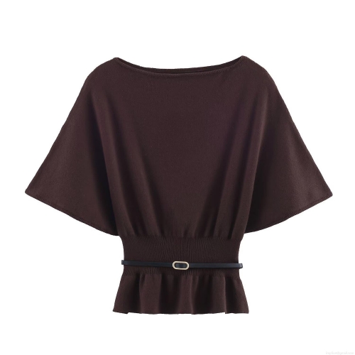 Women's Western Style Knit T-Shirt Elegant Batwing Sleeve Slim Fit Pullover Top With Belt Casual Solid Coffee Brown Peplum Blouse For Women Streetwear Fashion