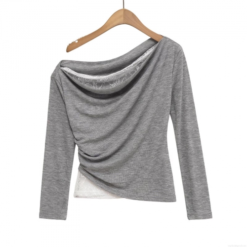 Women's European Style One Shoulder Lace Patchwork Knit T-shirt Slim Fit Grey Long Sleeve Streetwear Polyester Top For Autumn Casual Wear