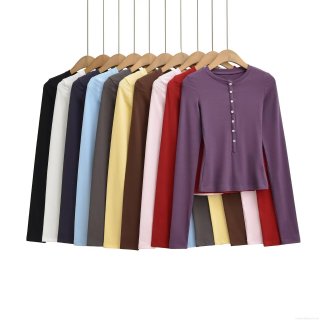 Women's Long Sleeve Ribbed Knit Henley T-Shirt Slim Fit Solid Color Button Decor Round Neck Autumn Basic Top Casual Soft Pullover Clothing