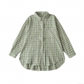 Women's Casual Plaid Long Sleeve Shirt Loose Fit Collared Button Down Blouse With Pocket Green White Check Gingham Tops For Autumn Streetwear Fashion