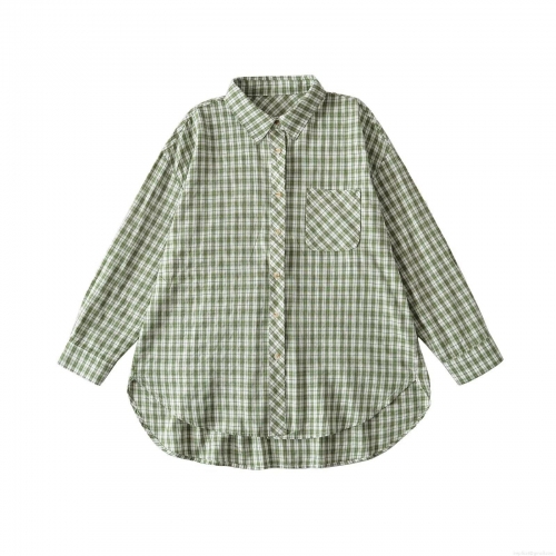 Women's Casual Plaid Long Sleeve Shirt Loose Fit Collared Button Down Blouse With Pocket Green White Check Gingham Tops For Autumn Streetwear Fashion